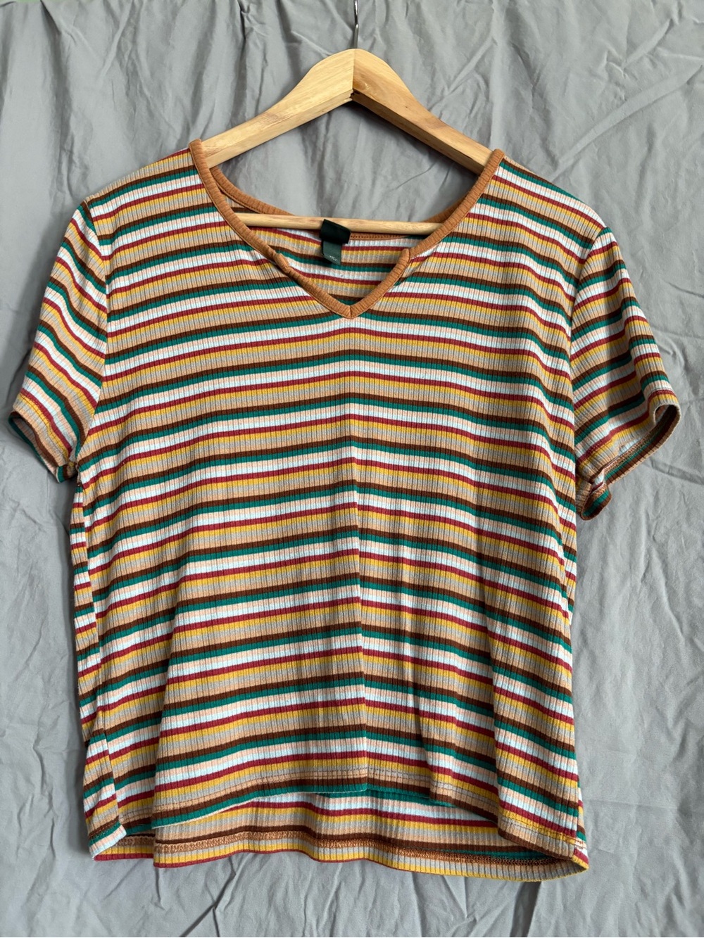 Striped V-Neck Short Sleeve Top in Mustard & Teal